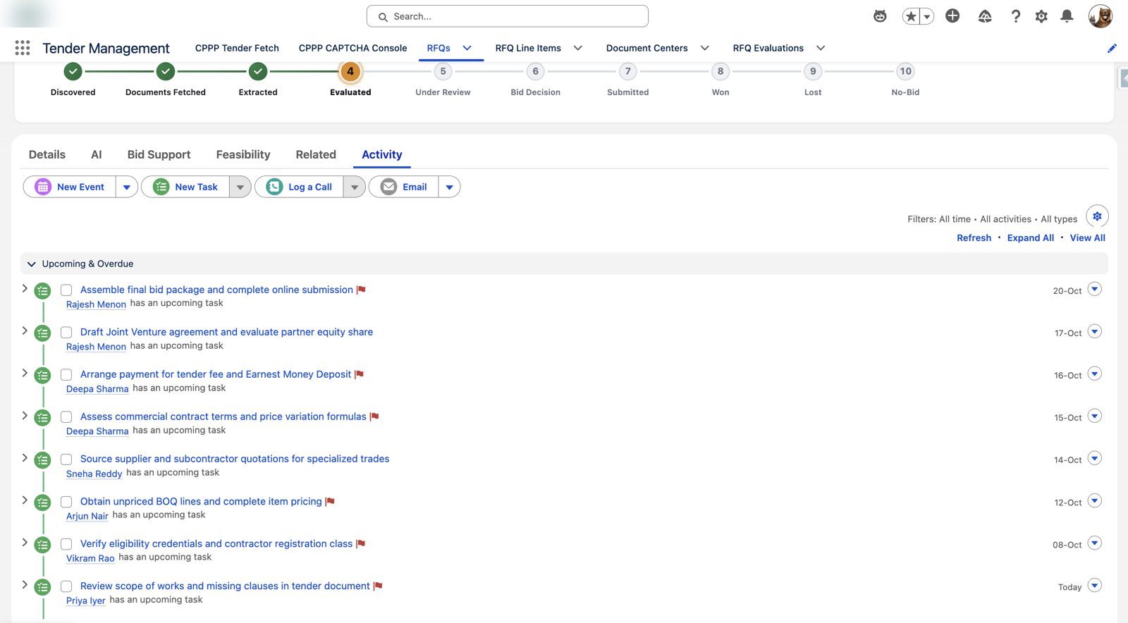 Bid tasks on the timeline – Agentforce government tender management in Salesforce