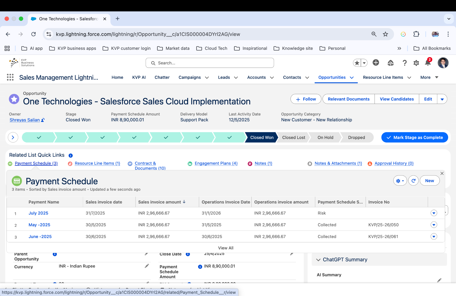 Payment Schedule related list on a Salesforce Opportunity showing installment tracking with dates, amounts, and collection status